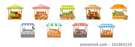 Street Market Stall and Stand with Awning and Various Products Vector Set 102864229