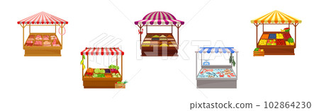 Street Market Stall and Stand with Awning and Various Products Vector Set 102864230