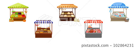 Street Market Stall and Stand with Awning and Various Products Vector Set Street Market Stall and Stand with Awning and Various Products Vector Set 102864231