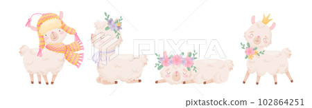 Cute Llama or Alpaca Fluffy Character with Pretty Snout Vector Set Cute Llama or Alpaca Fluffy Character with Pretty Snout Vector Set 102864251