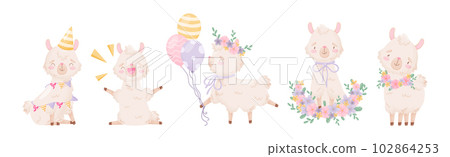 Cute Llama or Alpaca Fluffy Character with Pretty Snout Vector Set 102864253