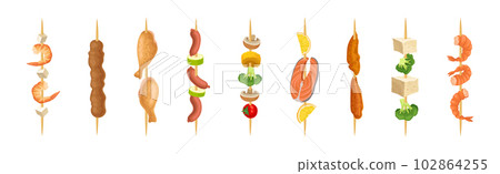 Shashlik with Wooden Skewers or Sticks with Barbecue Food Vector Set Shashlik with Wooden Skewers or Sticks with Barbecue Food Vector Set 102864255