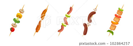 Shashlik with Wooden Skewers or Sticks with Barbecue Food Vector Set Shashlik with Wooden Skewers or Sticks with Barbecue Food Vector Set 102864257