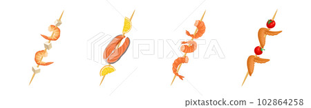 Shashlik with Wooden Skewers or Sticks with Barbecue Food Vector Set Shashlik with Wooden Skewers or Sticks with Barbecue Food Vector Set 102864258