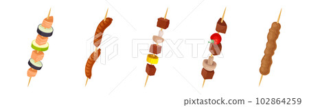 Shashlik with Wooden Skewers or Sticks with Barbecue Food Vector Set 102864259