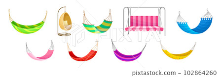 Garden Hammock, Swing and Bench as Comfortable Furniture for Rest Vector Set Garden Hammock, Swing and Bench as Comfortable Furniture for Rest Vector Set 102864260