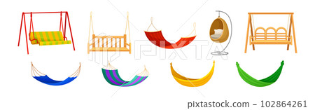 Garden Hammock, Swing and Bench as Comfortable Furniture for Rest Vector Set Garden Hammock, Swing and Bench as Comfortable Furniture for Rest Vector Set 102864261