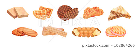 Waffle as Sweet Dish from Leavened Batter or Dough Vector Set Waffle as Sweet Dish from Leavened Batter or Dough Vector Set 102864266
