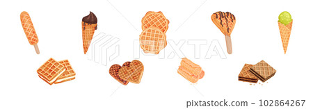 Waffle as Sweet Dish from Leavened Batter or Dough Vector Set Waffle as Sweet Dish from Leavened Batter or Dough Vector Set 102864267