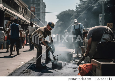 Road repairs workers doing job in hot weather Road repairs workers doing job in hot weather 102864414