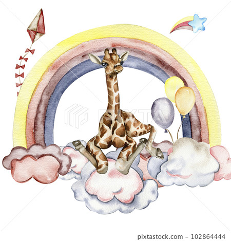 Watercolor hand painted cute rainbow.and giraffe Illustration isolated on white background. Design for baby shower party, birthday, cake, holiday design, greetings card, invitation. Watercolor hand painted cute rainbow.and giraffe Illustration isolated on white background. Design for baby shower party, birthday, cake, holiday design, greetings card, invitation. 102864444