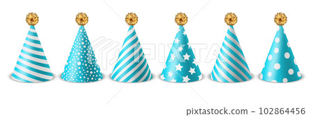 Vector 3d Realistic Blue and White Birthday Party Hat Icon Set Isolated on White Background. Party Cap Design Template for Party Banner, Greeting Card. Holiday Hats, Cone Shape, Front View Vector 3d Realistic Blue and White Birthday Party Hat Icon Set Isolated on White Background. Party Cap Design Template for Party Banner, Greeting Card. Holiday Hats, Cone Shape, Front View 102864456