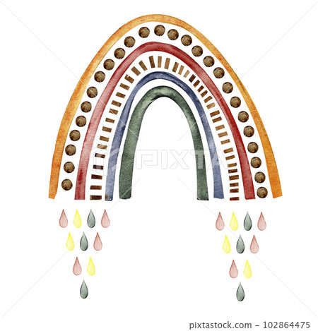Watercolor hand painted cute rainbow and drops. Illustration isolated on white background. Design for baby shower party, birthday, cake, holiday design, greetings card, invitation. 102864475