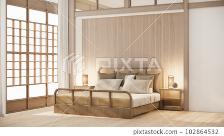 Japan style empty room decorated with wooden bed, white wall and wooden wall. 102864532