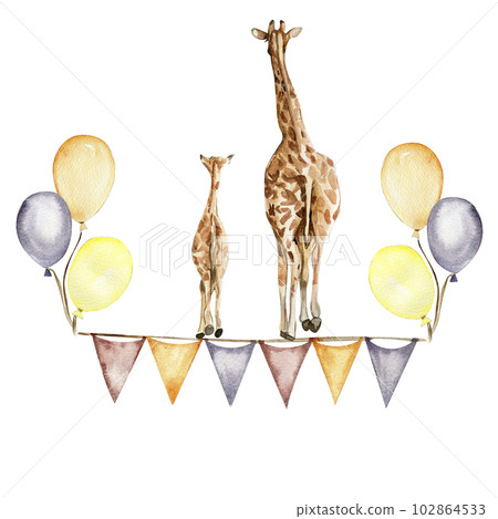 Watercolor hand painted cute giraffe with ballons. Illustration isolated on white background. Design for baby shower party, birthday, cake, holiday design, greetings card, invitation. 102864533