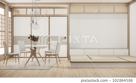 Modern japan style tiny room kitchen and dining table white wall wood floor. Modern japan style tiny room kitchen and dining table white wall wood floor. 102864586