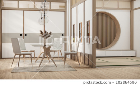 Modern japan style tiny room kitchen and dining table white wall wood floor. Modern japan style tiny room kitchen and dining table white wall wood floor. 102864590