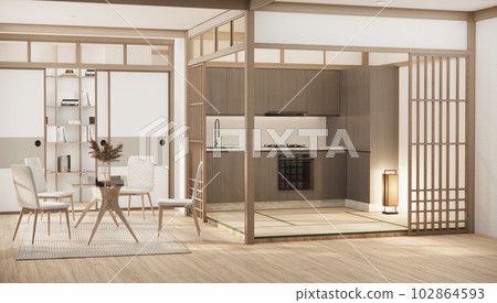 Modern japan style tiny room kitchen and dining table white wall wood floor. Modern japan style tiny room kitchen and dining table white wall wood floor. 102864593