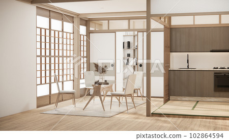 Modern japan style tiny room kitchen and dining table white wall wood floor. 102864594