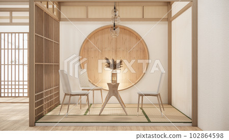 Modern japan style tiny room kitchen and dining table white wall wood floor. 102864598