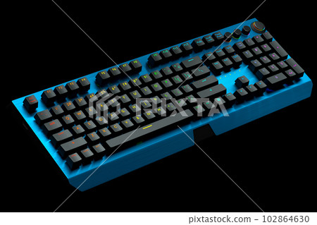 Blue computer keyboard with rgb colors isolated on black background. Blue computer keyboard with rgb colors isolated on black background. 102864630
