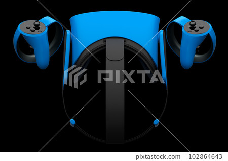 Virtual reality glasses and controllers for online gaming on black background Virtual reality glasses and controllers for online gaming on black background 102864643