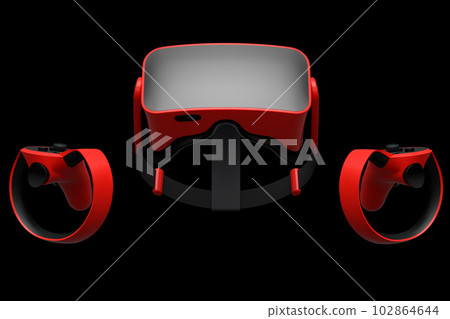 Virtual reality glasses and controllers for online gaming on black background Virtual reality glasses and controllers for online gaming on black background 102864644