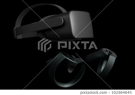 Virtual reality glasses and controllers for online gaming on black background 102864645