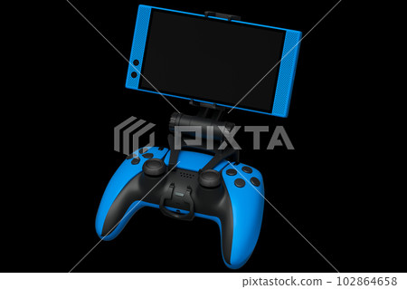 Realistic blue joystick for playing games on a mobile phone on black background 102864658