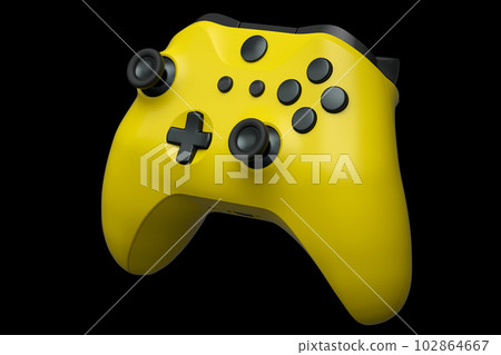 Realistic yellow joystick for video game controller on black background 102864667