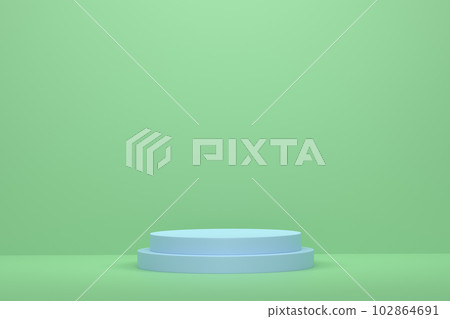 Pastel green cylinder podium with steps on blue background Pastel green cylinder podium with steps on blue background 102864691