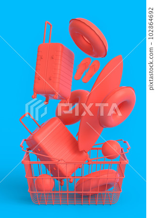 Colorful luggage with beach accessories and shopping basket on monochrome Colorful luggage with beach accessories and shopping basket on monochrome 102864692