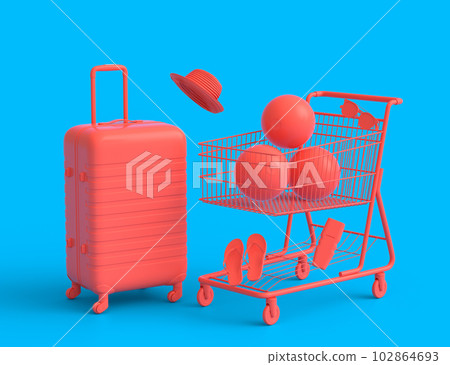 Colorful luggage with beach accessories and shopping trolley on monochrome. Colorful luggage with beach accessories and shopping trolley on monochrome. 102864693