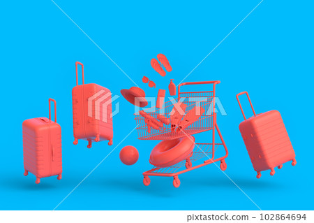 Colorful luggage with beach accessories and shopping trolley on monochrome Colorful luggage with beach accessories and shopping trolley on monochrome 102864694