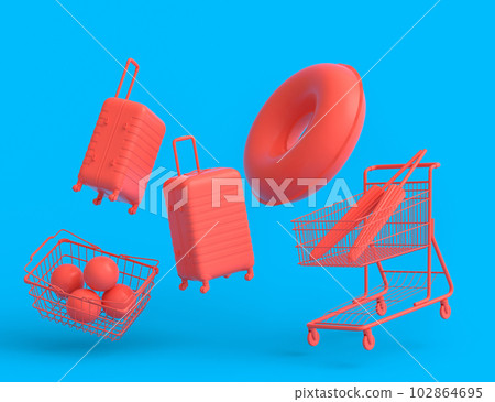 Colorful luggage with beach accessories and shopping basket on monochrome Colorful luggage with beach accessories and shopping basket on monochrome 102864695