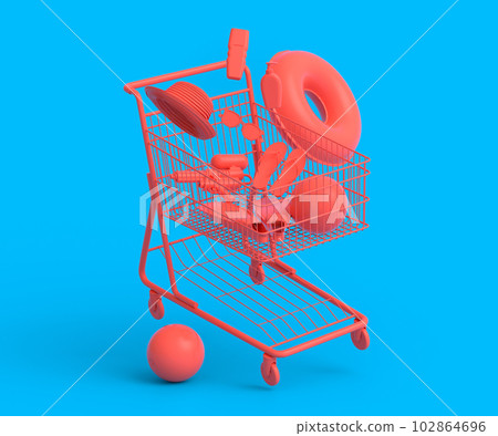 Colorful beach accessories and shopping trolley on monochrome background. 102864696
