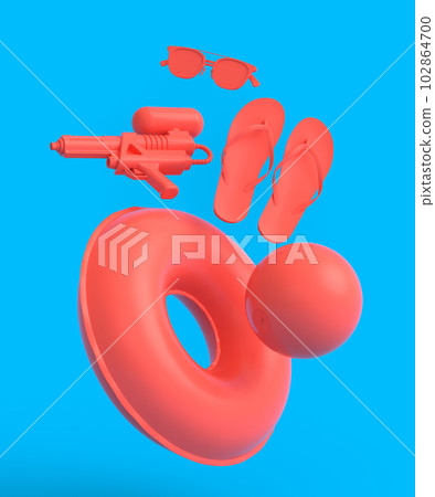 Colorful beach accessories for summer vacation on monochrome background. Colorful beach accessories for summer vacation on monochrome background. 102864700
