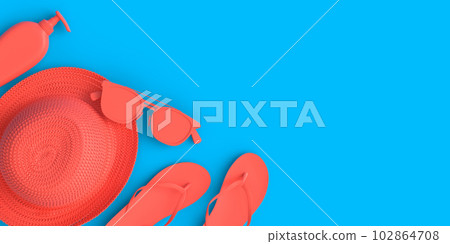 Colorful beach accessories for summer vacation on monochrome background. 102864708