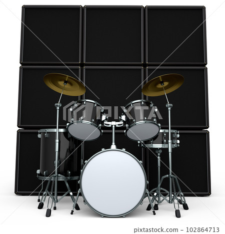 Set of realistic drums with metal cymbals or drumset and amplifier on white 102864713