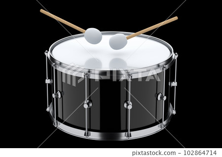 Realistic drum and wooden drum sticks on black. 3d render of musical instrument 102864714