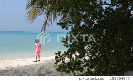 Rear view of little girl going through the tropical beach to snorkeling in ocean water. Summer vacation and travel lifestyle concept 102864945