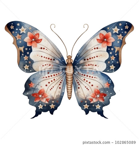 Watercolor Patriotic Butterfly 4th of July Illustration Clipart. Isolated butterfly on white background. Watercolor Patriotic Butterfly 4th of July Illustration Clipart. Isolated butterfly on white background. 102865089