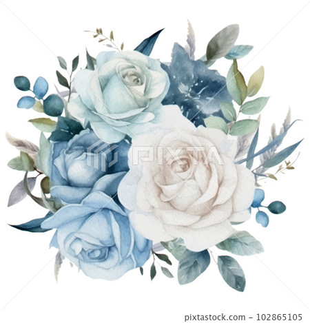 Blue Pastel Rose Flower Bouquet Watercolor Illustration 102865105