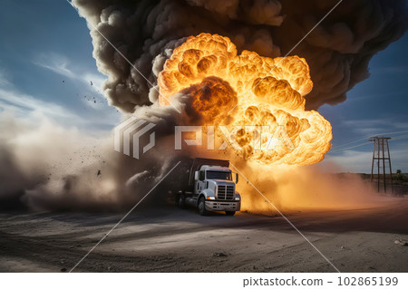 Freight fuel truck explosion with fire and smoke. Generative AI illustration Freight fuel truck explosion with fire and smoke. Generative AI illustration 102865199
