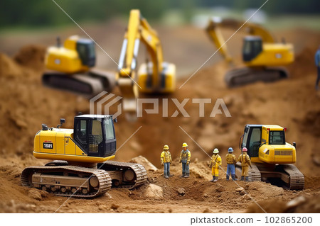 Tiny workers in protective helmets and vests doing earthworks close up. Generative AI illustration 102865200