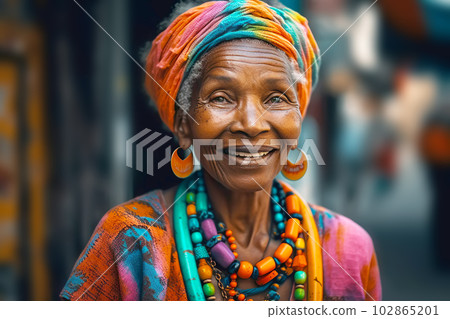 Smiling elderly black woman in orange headscarf and beads. Generative AI illustration 102865201