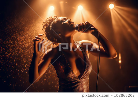 Beautiful African American female wears a dress with gold sequins sings on stage. Generative AI illustration Beautiful African American female wears a dress with gold sequins sings on stage. Generative AI illustration 102865202