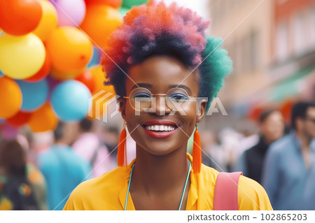Smiling black woman with gradient afro hair and glasses. Generative AI illustration 102865203