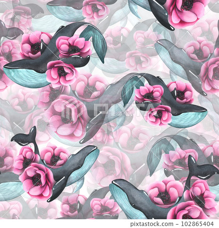 Large whale in black and turquoise among pink anemone flowers. Watercolor illustration, hand drawn. Seamless pattern on a white background. For textile, fabric, wallpaper, prints, wrapping paper 102865404