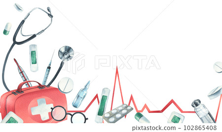 Medical equipment, first aid kit. Watercolor illustration. Horizontal template from the VETERINARY collection. For the design and design of clinics, hospitals, medicines, pharmacies Medical equipment, first aid kit. Watercolor illustration. Horizontal template from the VETERINARY collection. For the design and design of clinics, hospitals, medicines, pharmacies 102865408